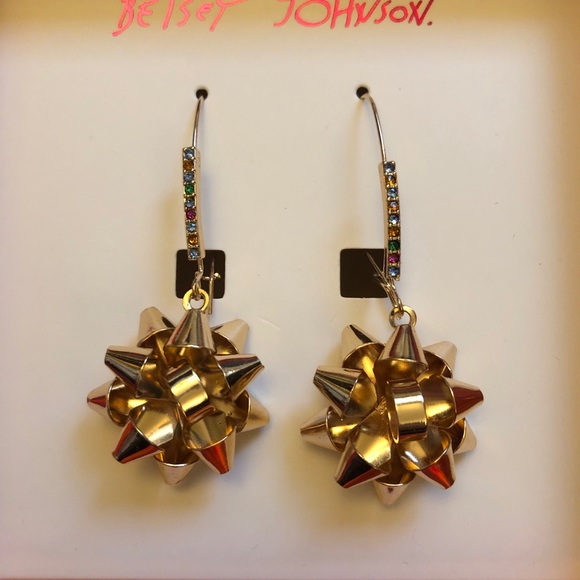 Betsey Johnson Gold Tone Metal Bow Drop Earrings Crystal Accents NIB - Picture 8 of 13